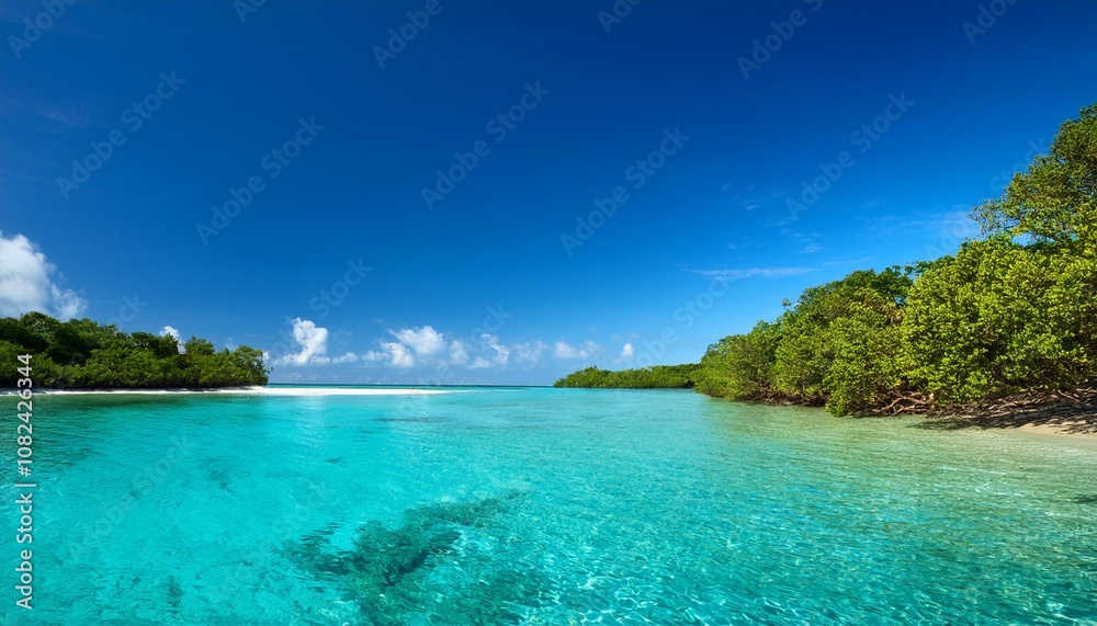 Tropical Coastal Lagoon With Calm Turquoise Waters, Surrounded by Mangroves and Sandy Shores, Under the Bright Midday Sun and Clear Blue Skies in a Remote Island Setting Tropical Coastal Lagoon With Calm Turquoise Waters, Surrounded by Mangroves and Sandy Shores, Under the Bright Midday Sun and Clear Blue Skies in a Remote Island Setting