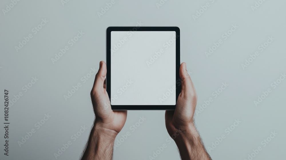 A person is holding a tablet with a white screen A person is holding a tablet with a white screen