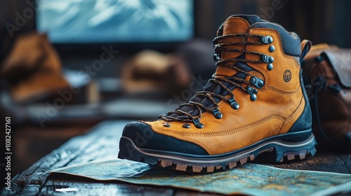 Adventure Hiking Boots on Map with Mountain Background. Generative AI photo