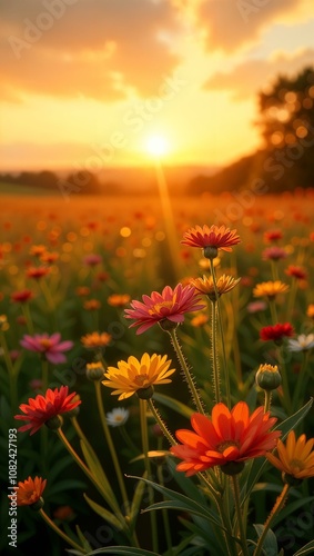 landscape of flower fields during sunset, a mix of wildflowers, bright colours, warm golden light, postcard, poster, cover 