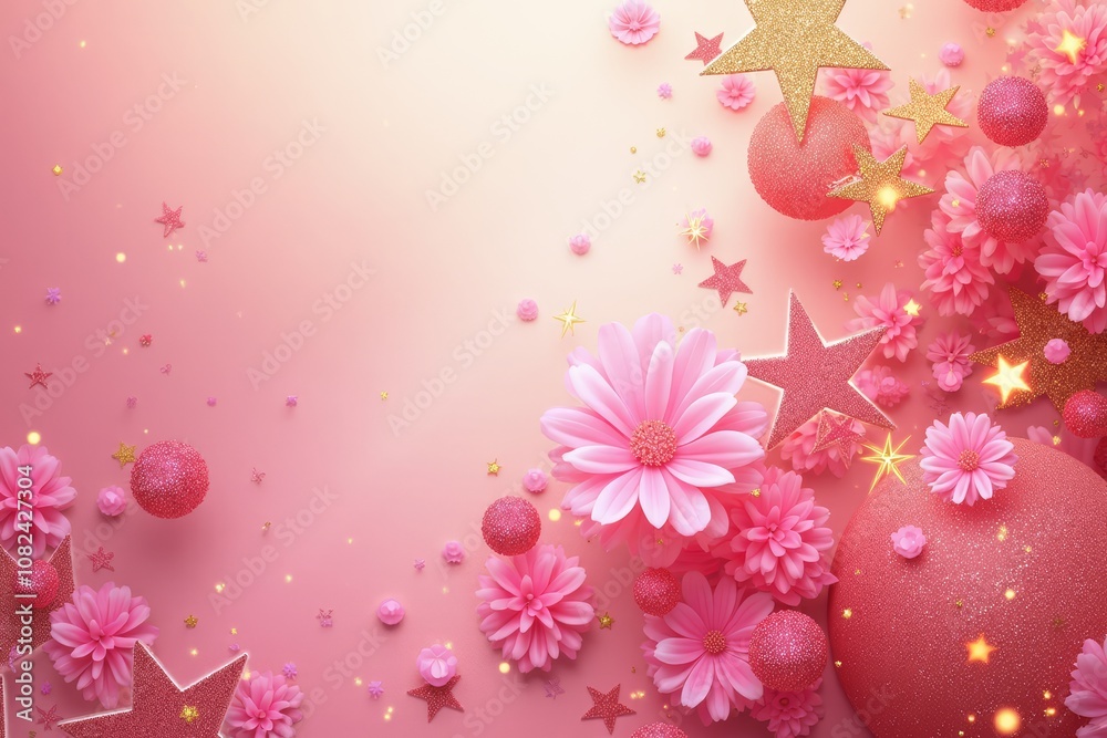Pink floral festive background with stars and sparkles Pink floral festive background with stars and sparkles