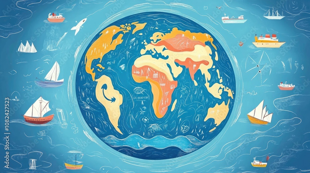 Transparent Earth showing maritime routes flat design front view navigation theme cartoon drawing colored paste Transparent Earth showing maritime routes flat design front view navigation theme cartoon drawing colored paste