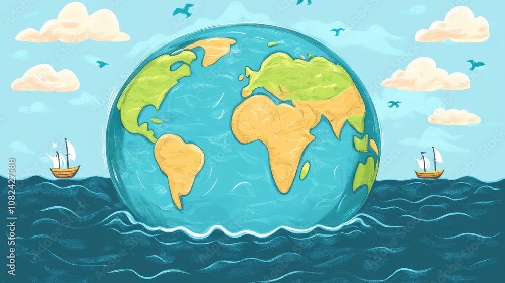 Naklejka premium Transparent Earth showing maritime routes flat design front view navigation theme cartoon drawing colored paste