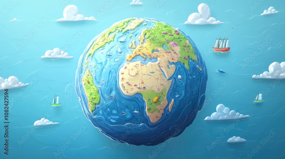 Obraz premium Transparent Earth showing maritime routes flat design front view navigation theme cartoon drawing colored paste