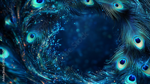 Abstract pattern of peacock feathers, vibrant blue and green colors with space for text in the center.