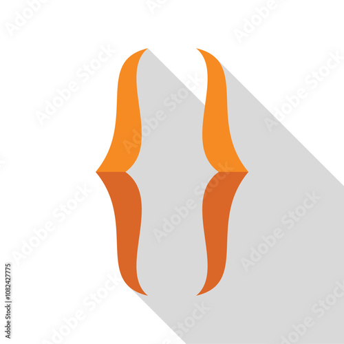 Orange curly brackets icon representing programming, coding, and software development with long shadow on white background