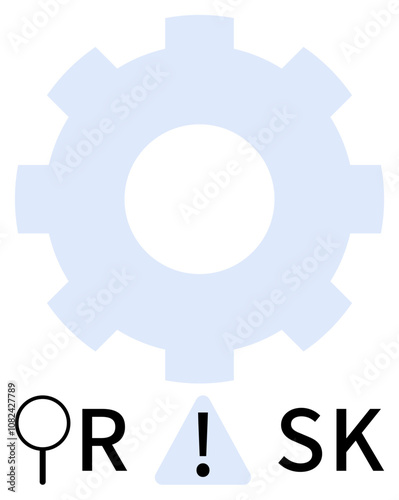 Blue gear with a magnifying glass, exclamation mark, and the word RISK. Ideal for business risk assessment, strategic planning, preventive measures, project management, decision-making, financial