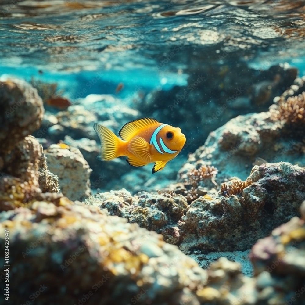 Fototapeta premium Underwater scene with colorful tropical fish swimming among coral reefs, clear water and a wide background for copy space.