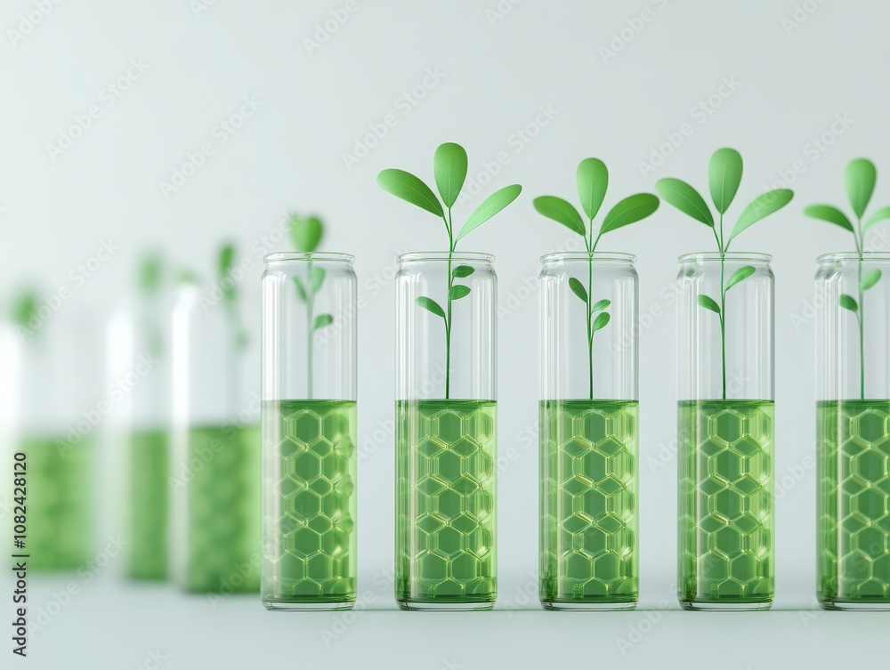 Test tubes with green liquid and small plants symbolize innovation in eco-friendly science and sustainable technologies. Test tubes with green liquid and small plants symbolize innovation in eco-friendly science and sustainable technologies.