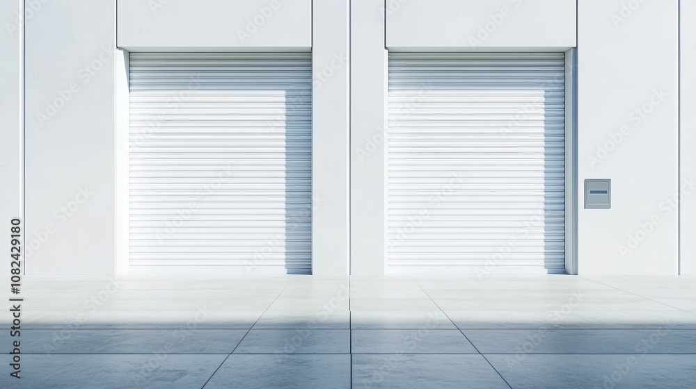 Modern Industrial Building Facade with White Shutters and Concrete Floor - Minimalist Architecture Design Modern Industrial Building Facade with White Shutters and Concrete Floor - Minimalist Architecture Design
