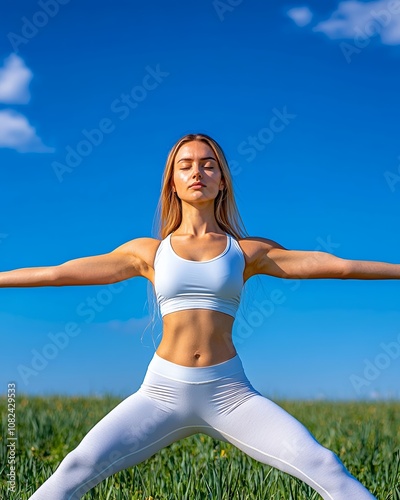 Digital detox and connecting with nature, woman practicing yoga in nature under clear sky.