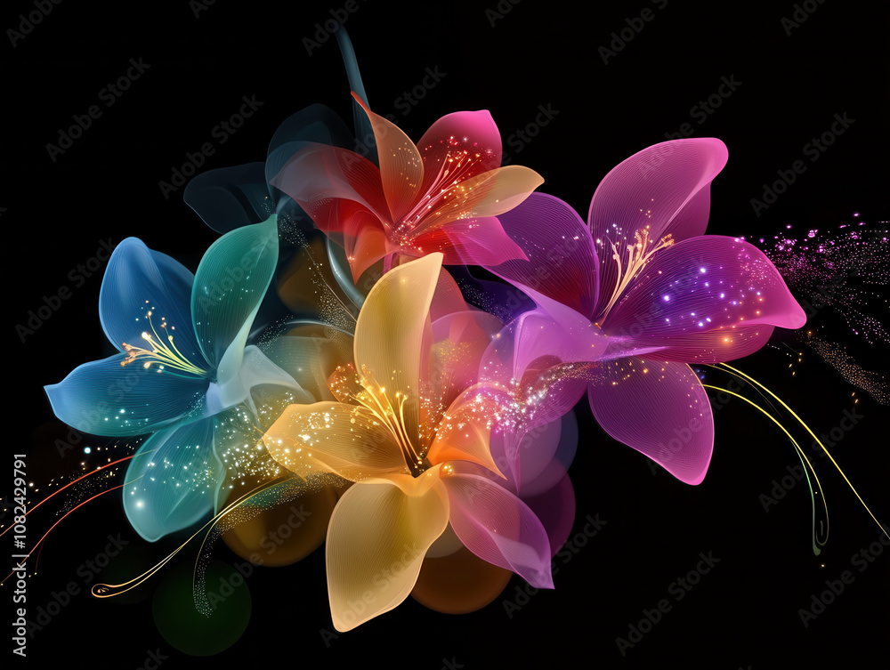 Colorful flowers with vibrant petals and glowing details against black background create stunning visual display. arrangement features various hues, evoking sense of joy and beauty Colorful flowers with vibrant petals and glowing details against black background create stunning visual display. arrangement features various hues, evoking sense of joy and beauty