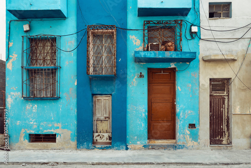 Obraz na płótnie Rough painted facades of buildings with bars on the windows, Havana, Cuba w salonie