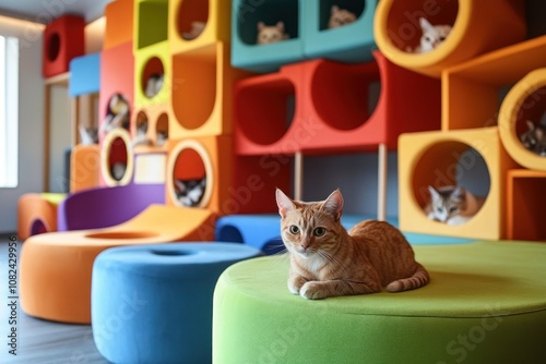 Playful Cat in Vibrant Modern Cat Playground photo