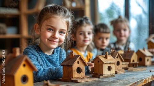 group of children assembling birdhouses in a woodcraft class, each child carefully hammering and painting their own unique design