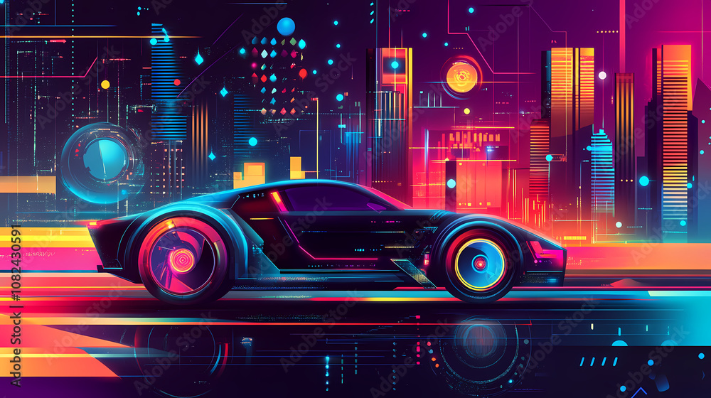 Obraz premium Cyberpunk pulse: neon-infused, electronic, high-energy, geometric patterns, cityscape backdrop. Futurity. Illustration
