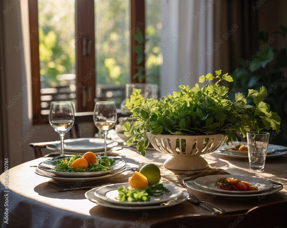 A multi-course lunch set for four people on the dining table. The sun shines through the window, and the shadow of the foliage of a tree and the shading shutter is half cast on the table. A multi-course lunch set for four people on the dining table. The sun shines through the window, and the shadow of the foliage of a tree and the shading shutter is half cast on the table.
