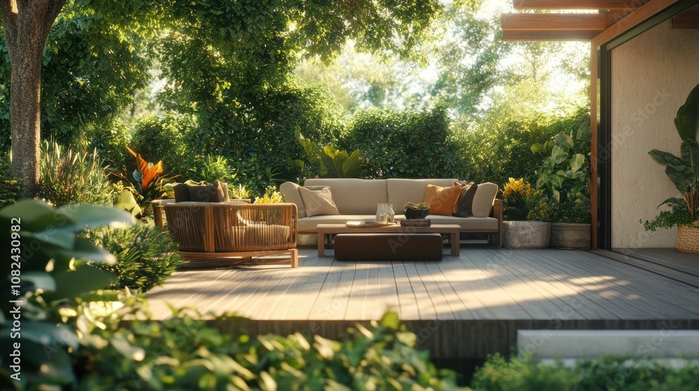 Fototapeta premium Cozy Outdoor Living Space Surrounded by Lush Greenery