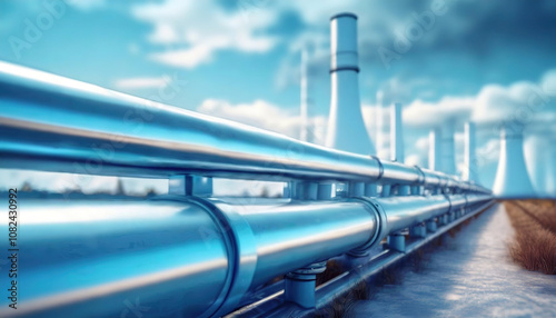 A large pipeline system extending towards an industrial complex under a cloudy sky.