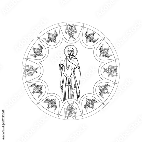 Euphrosyne of Polotsk (name english) sky round dome with 4 apostles and seraphim. Coloring page in Byzantine style photo