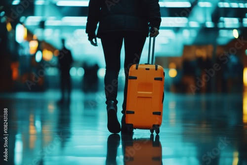Traveling with a Bright Yellow Suitcase in an Airport