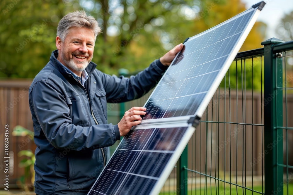 Man Holding Solar Panel. A smiling man holds a solar panel in his backyard, promoting renewable energy. Man Holding Solar Panel. A smiling man holds a solar panel in his backyard, promoting renewable energy.