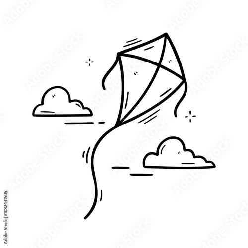 Minimalist black and white doodle of a kite flying among clouds. Perfect for children’s books, educational materials, or playful designs in digital and print media