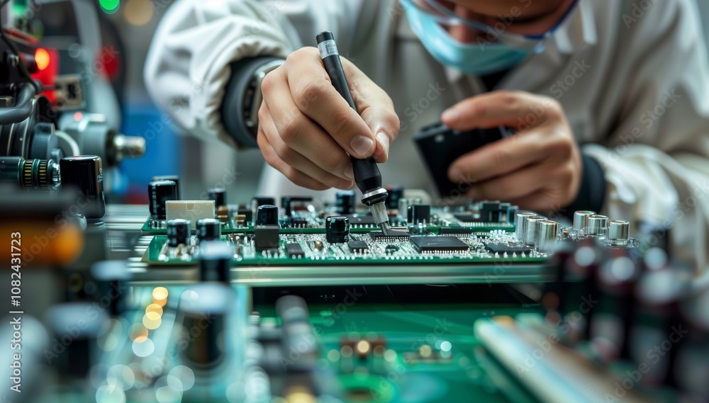 Circuit Board Assembly. A technician works on a circuit board with precision tools in a lab. Circuit Board Assembly. A technician works on a circuit board with precision tools in a lab.