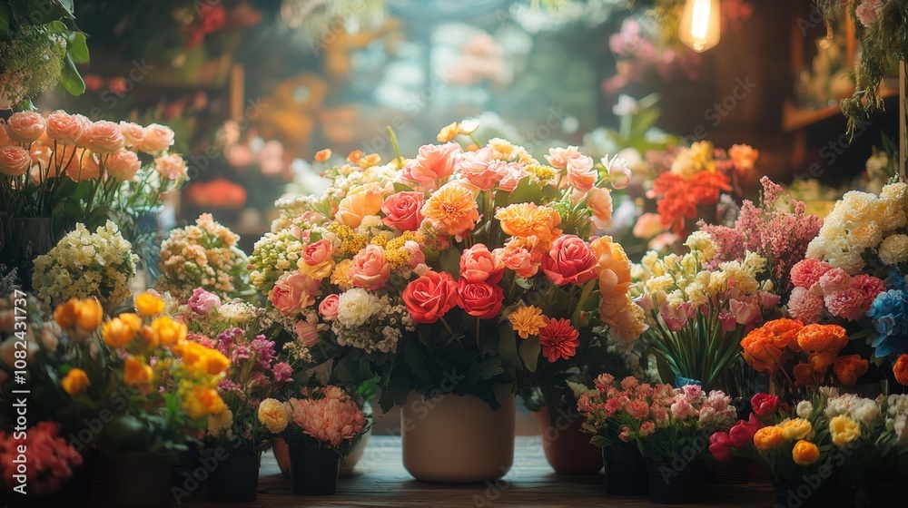 Beautiful Floral Arrangements in a Cozy Flower Shop. Generative AI Beautiful Floral Arrangements in a Cozy Flower Shop. Generative AI