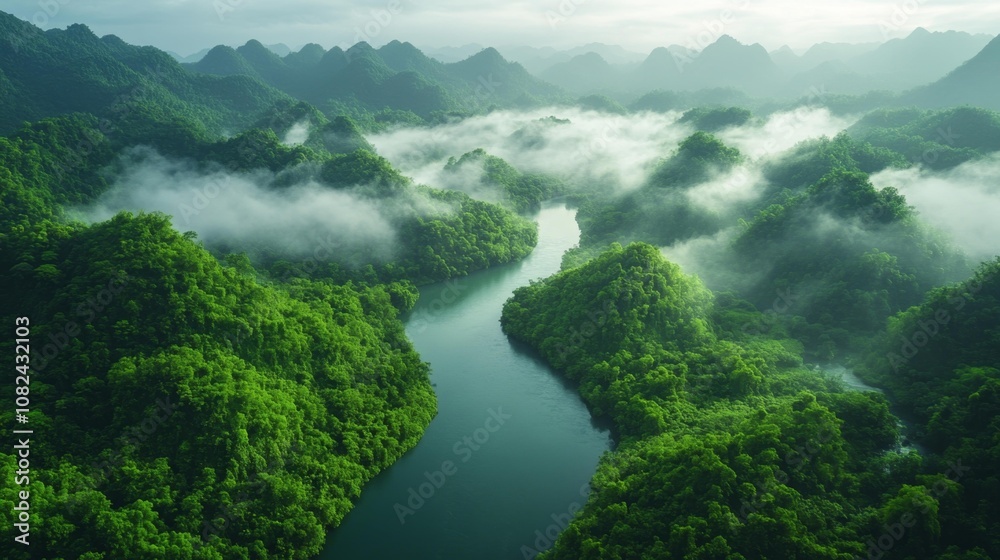 Lush Jungle Landscape with River and Fog. Generative AI Lush Jungle Landscape with River and Fog. Generative AI
