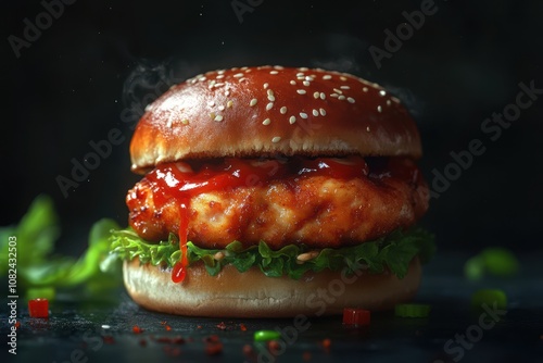 A juicy, steaming burger with a sesame seed bun, lettuce, and a flavorful red sauce sits on a dark surface photo