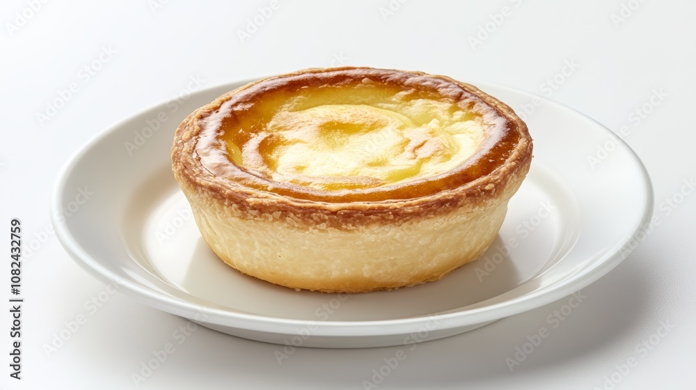 A single Pastel de nata, a Portuguese custard tart, sits on a white plate. This small pie has a flaky crust and a creamy, sweet custard filling. A single Pastel de nata, a Portuguese custard tart, sits on a white plate. This small pie has a flaky crust and a creamy, sweet custard filling.