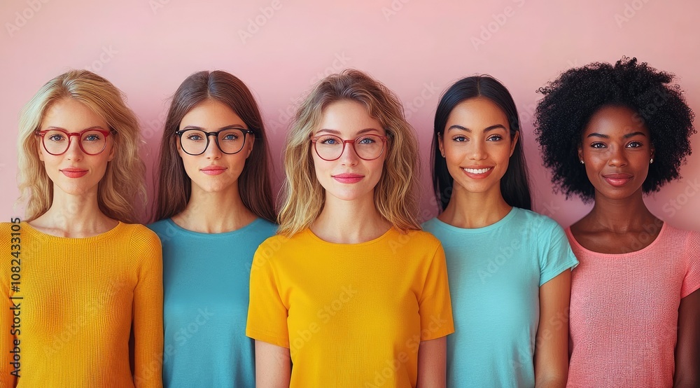Five diverse women wearing glasses and colorful shirts smiling at the camera against a pink background. Five diverse women wearing glasses and colorful shirts smiling at the camera against a pink background.