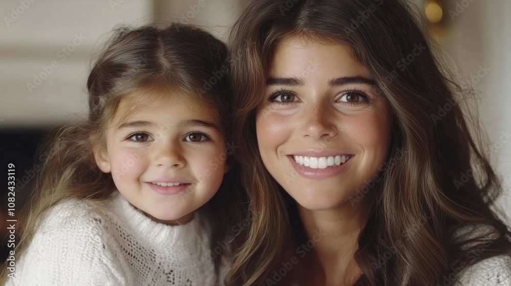 Joyful Mother and Daughter Embrace Together with Warm Smiles, Capturing the Essence of Family Bonding in a Cozy Indoor Setting Joyful Mother and Daughter Embrace Together with Warm Smiles, Capturing the Essence of Family Bonding in a Cozy Indoor Setting
