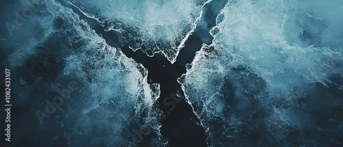 A deep crack in glacial ice reveals a stunning blue crevasse on a winter morning in a remote polar region
