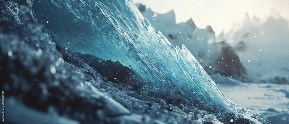 Fototapeta premium Misty mountain landscape during early morning with icy terrain and rugged peaks