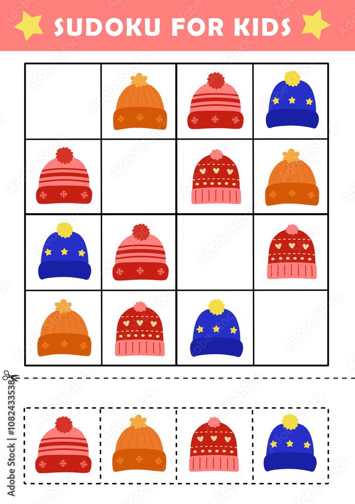 Winter activity sheet. Sudoku logical reasoning activity for kids. Fun sudoku puzzle with cute beanie hat illustration. Children educational activity worksheet. Winter activity sheet. Sudoku logical reasoning activity for kids. Fun sudoku puzzle with cute beanie hat illustration. Children educational activity worksheet.