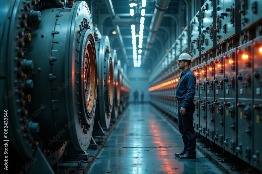 Fototapeta premium Industrial Power Plant Inspection. A worker in protective gear examines large machinery in a futuristic power plant, with warm lights illuminating the control panels.