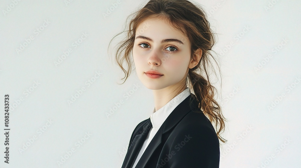 Professional Portrait of a Young Businesswoman with Curly Hair and Natural Makeup Posing on a Minimalist White Background for Corporate Use and Marketing Needs Professional Portrait of a Young Businesswoman with Curly Hair and Natural Makeup Posing on a Minimalist White Background for Corporate Use and Marketing Needs