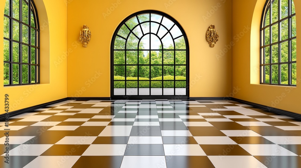 Fototapeta premium Yellow Room Interior with Checkered Floor and Arch Window