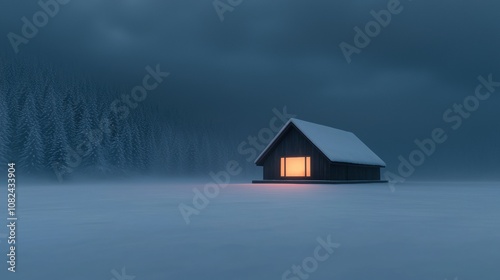 A small cabin is lit up by a light inside