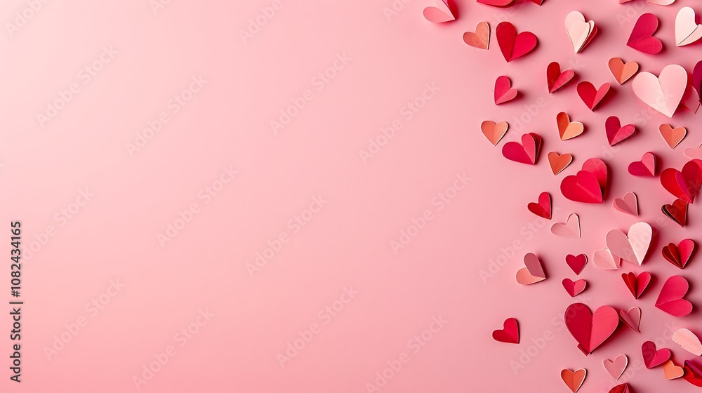 A collection of colorful paper hearts scattered on a pink background, symbolizing love and affection.