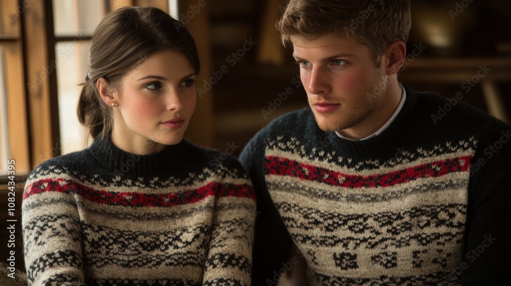 Cozy couple in matching winter sweaters sit together indoors, sharing a thoughtful moment by the window, enveloped in the warmth of a rustic cabin atmosphere. Cozy couple in matching winter sweaters sit together indoors, sharing a thoughtful moment by the window, enveloped in the warmth of a rustic cabin atmosphere.