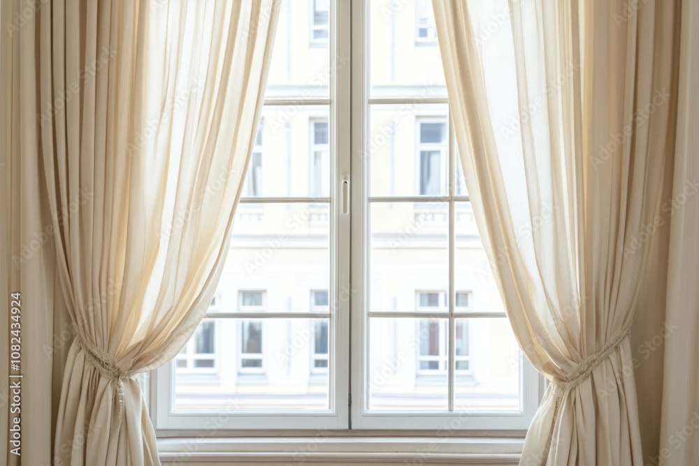 A serene window with elegant curtains, showcasing a light-filled interior space. A serene window with elegant curtains, showcasing a light-filled interior space.
