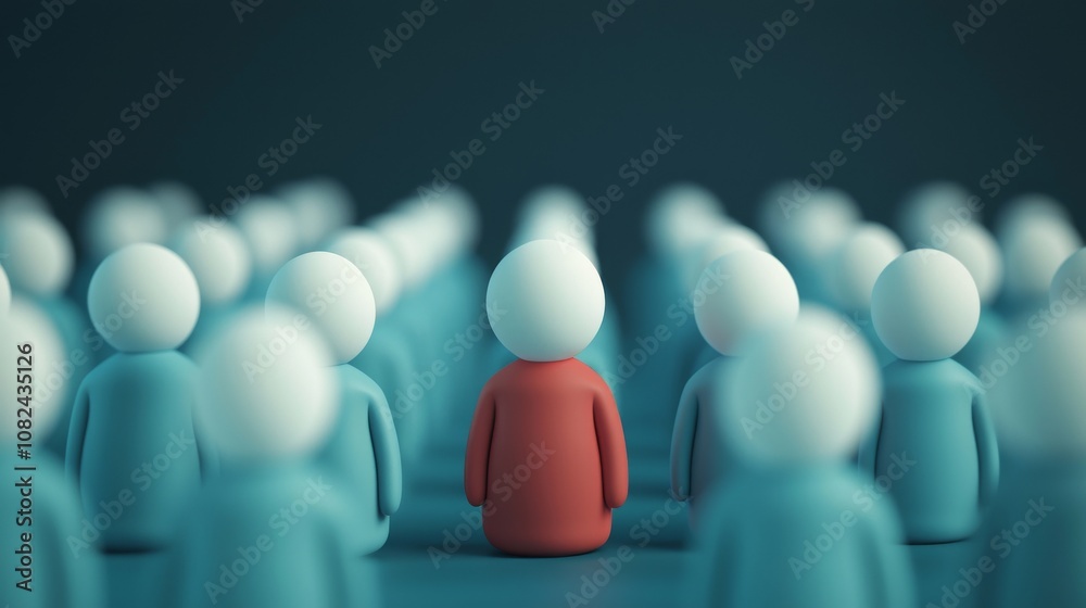 Leadership concept. A visually striking image depicting a crowd of blue figures with one red figure standing out prominently. Leadership concept. A visually striking image depicting a crowd of blue figures with one red figure standing out prominently.