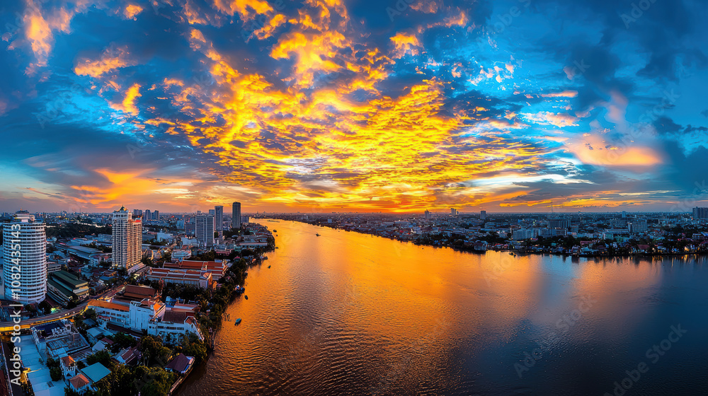 Naklejka premium stunning sunset over river, showcasing vibrant orange and blue hues reflecting on water. city skyline adds to beauty of this serene landscape