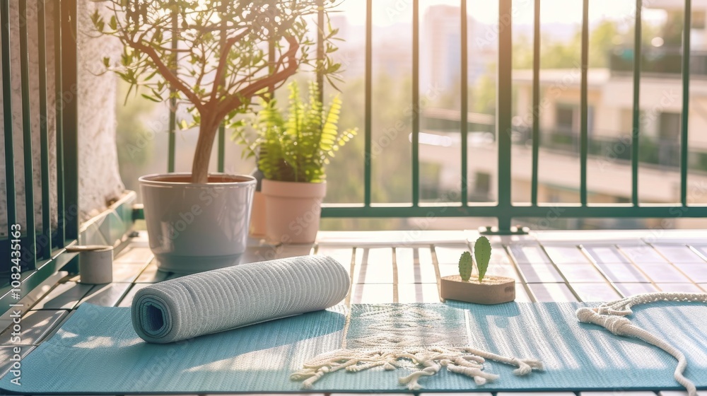 A serene yoga mat setup on a sunlit balcony, Yoga mat and accessories precisely placed, Urban minimalist style A serene yoga mat setup on a sunlit balcony, Yoga mat and accessories precisely placed, Urban minimalist style