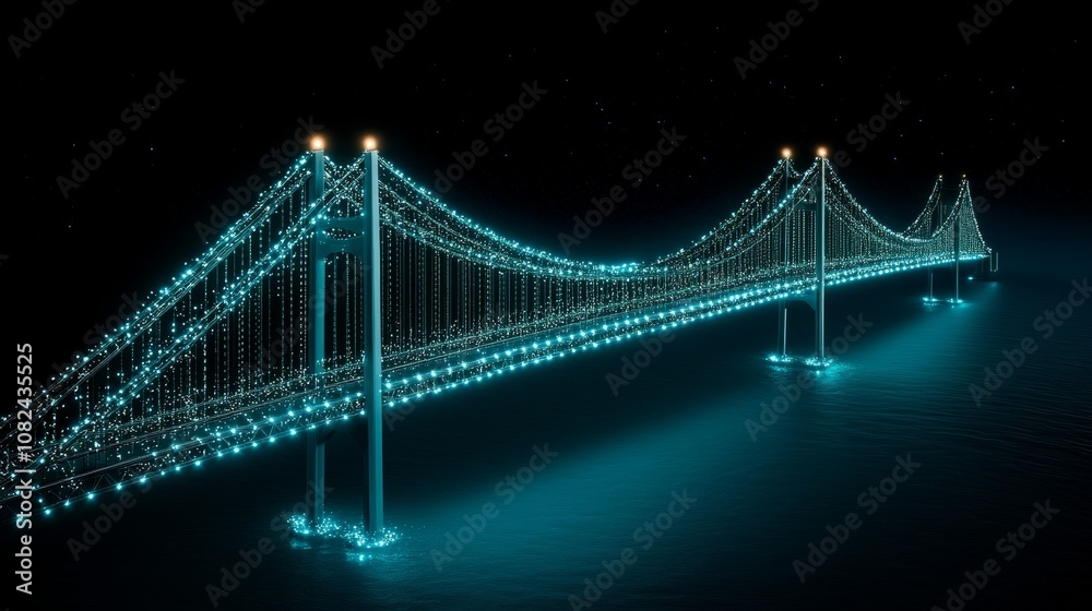 Fototapeta premium Illuminated Suspension Bridge Nighttime Landscape Architecture