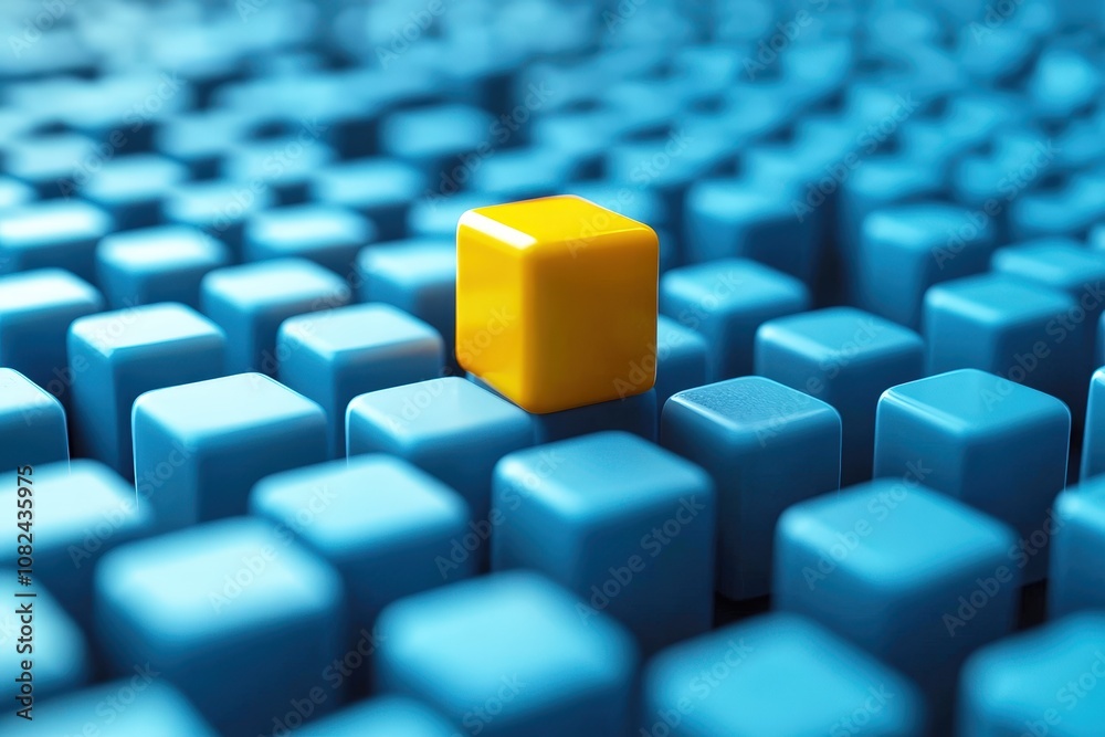 Fototapeta premium Unique Yellow Cube Stands Out Amongst Uniform Blue Cubes in a Creative Abstract Composition for Conceptual Design and Visualization Purposes