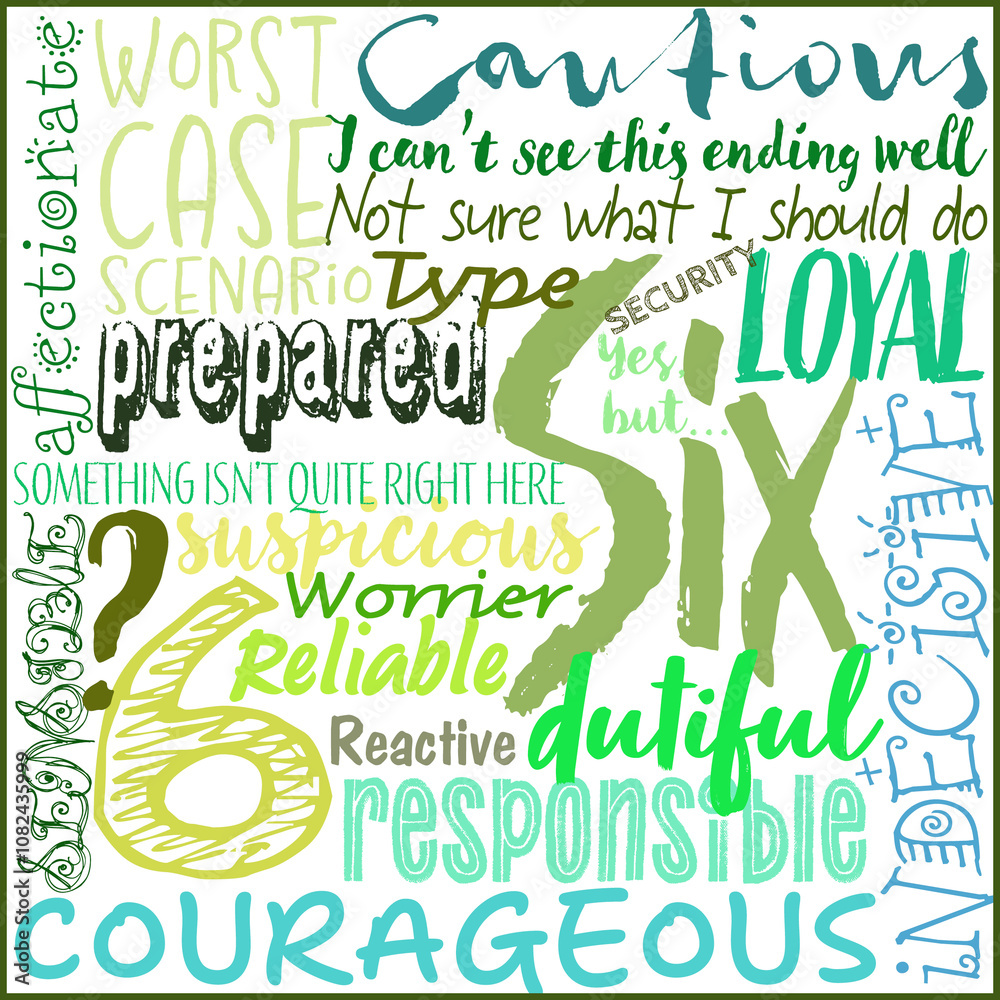 Enneagram 6 graphic fun illustration using words to describe type.